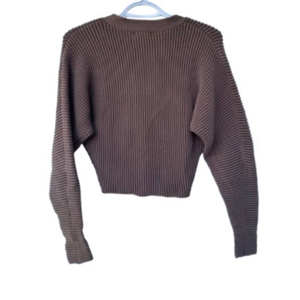 Good American heavy rib crop V-neck cardigan brown women's size 1 - Picture 4 of 6